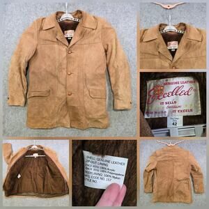 Vintage Excelled Jacket Mens 42 Tan Suede Leather Car Coat Zip Out Liner USA 70s